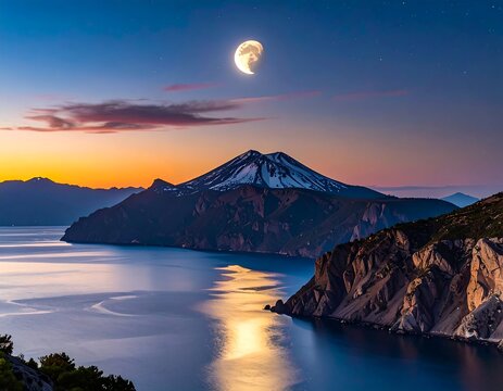 A majestic scene of a mountain reflected in calm water under a moonlit sky and a vibrant sunrise. The rugged coastline is visible