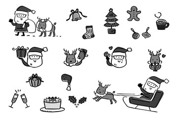 かわいいクリスマスの手描きイラストセット②モノクロ