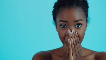 Black woman covering mouth with both hands, showing surprise or sadness, copy space
