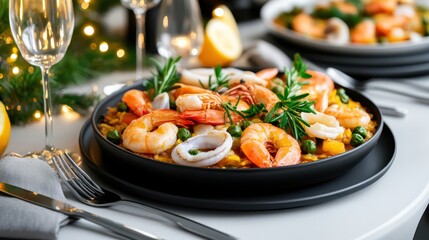 Shrimp and Seafood Paella with Lemon and Rosemary, Festive Dinner Table Setting with Wine Glasses, Close Up