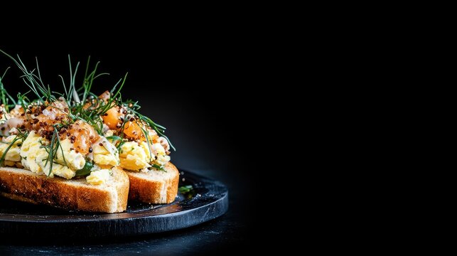 Gourmet Scrambled Egg Toast with Microgreens and Mustard Seeds on Dark Background, Elegant Breakfast or Brunch