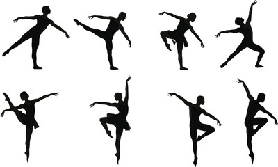 Silhouette ballet dancers performing graceful poses, modern dance movement, classical ballet art, elegant performance, flexibility, beauty, strength, artistic expression, balance