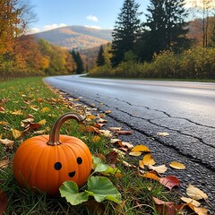 Autumn Roadside Pumpkin with Mountain View and Fall Foliage.