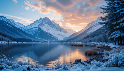 sunrise over the mountains at winter 