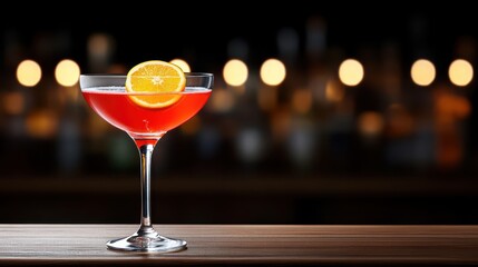 Elegant Red Cocktail with Orange Slice Garnish on Bar Top with Bokeh Lights Background, Nightlife, Selective Focus