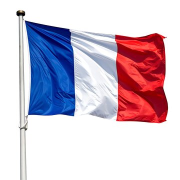A photo of the French tricolor, the national flag. Its blue, white, and red vertical stripes ripple in the wind against a white background