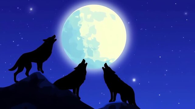 Three silhouetted wolves howl at a full moon in a starry night sky