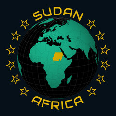 Sudan on Globe. Round country and continent name text. Country view on world map in Black Emerald color palette. Sudan shape on map. Vibrant vector illustration.
