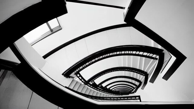 Black and white architectural perspective of a spiral staircase from below