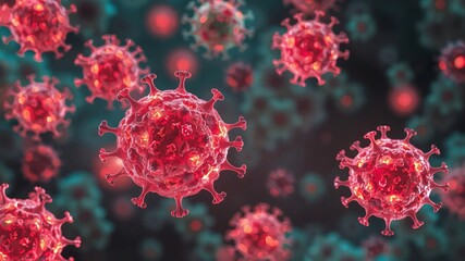 Microscopic rende shows a cluster of red virus cells with spike proteins on a blurred cyan background, representing infectious disease and virology research.
