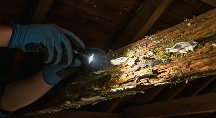 fireplace in the old house, Hand checks damaged wood beam with flashlight. Inspector examines wood rot, fungus on timber. Maintenance worker inspects decay termite damage to house construction. Proble