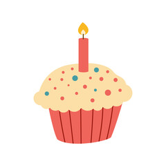 Cupcake with one candle. Birthday cupcake. Flat style. Isolated on a white background.