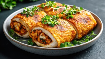 Roasted Chicken Rolls Stuffed with Savory Filling, Garnished with Microgreens on a Plate, Delicious Gourmet Meal, Food Photography