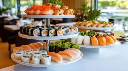 Elegant Three-Tier Sushi Platter Display in a Restaurant Setting, Assorted Nigiri, Maki, and Rolls, Gourmet Food Presentation