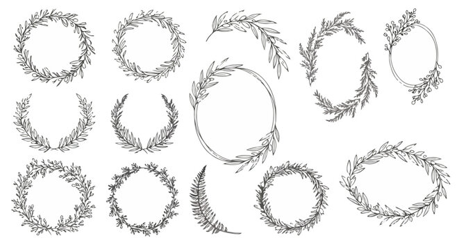 Hand‑Drawn Botanical Wreath Icon Pack - Monoline Laurel Leaf Frames & Olive Garlands