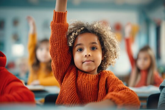 diverse group of young girls raising hands in classroom, bright colorful environment, teacher blurred in background, cheerful atmosphere, no text. - Powered by Adobe