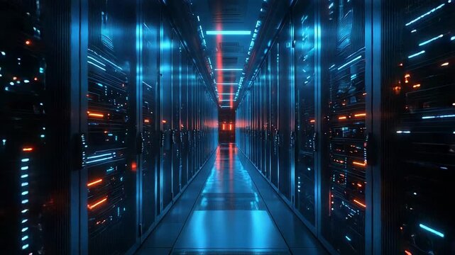 Server room aisle with glowing data processing racks