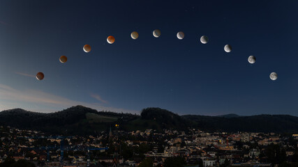 Composite of lunar eclipse sequence on September 07. 2025 over the Swiss city Baden. (all elements from my own shots)