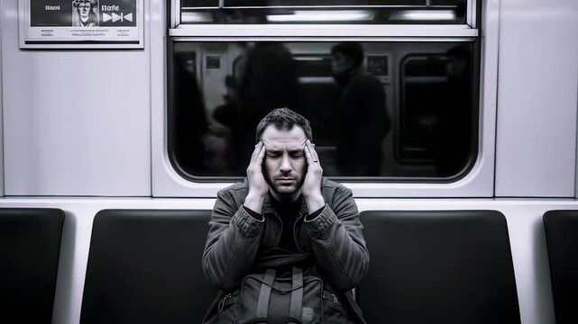 A man on a train holds his head, looking stressed. The grayscale image shows the interior