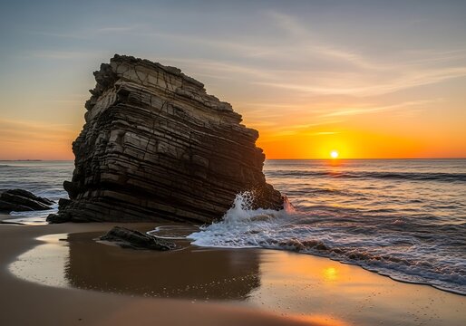 Dramatic Coastal Sunset - Rock Formation and Golden Reflections on the Beach.