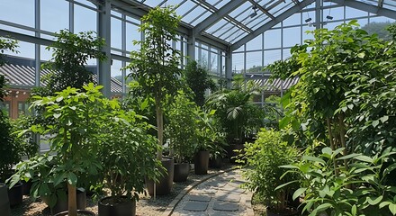 Fototapeta premium Lush greenery thrives inside a sunlit greenhouse, creating a vibrant indoor garden.