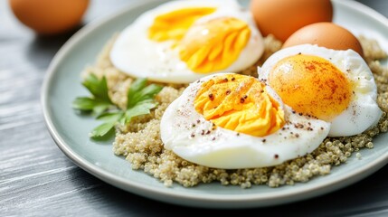 Fototapeta premium Healthy Quinoa Bowl with Soft Boiled Eggs, Parsley and Paprika on a Blue Plate, Close-up Shot, Delicious Breakfast or Lunch, Balanced Diet Concept