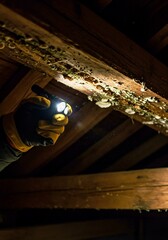 fireplace in the old house, Hand checks damaged wood beam with flashlight. Inspector examines wood rot, fungus on timber. Maintenance worker inspects decay termite damage to house construction. Proble