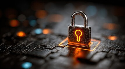 Unlock digital security with this glowing padlock on a circuit board, symbolizing data protection and cyber safety in a modern tech world.