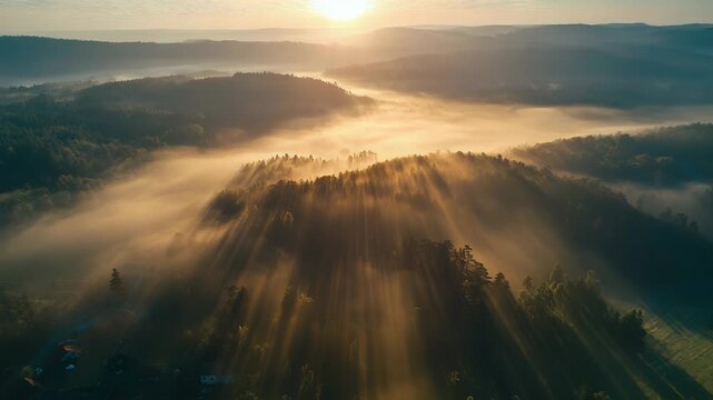 Morning sunbeams piercing through misty forest landscape