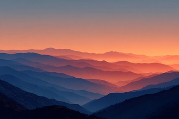 Fototapeta premium Minimal silhouette of rolling hills valleys sunrise horizon glowing in warm gradient tones