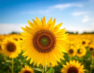 Fototapeta premium Sunflower Close-Up in Wide Field. Bright sunflower in full bloom with wide field and clear blue sky background, symbolizing growth and summer.