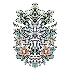 Vector floral illustration with contour decorative flowers and leaves in pastel colors. Elegant contour floral clip art for sticker.