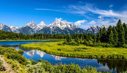 Scenic view of snow-capped mountains and a flowing river, with lush green trees and vibrant blue sky, evoking nature's beauty