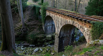 Old Stone Railway Bridge in Forest Landscape.