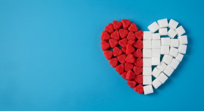 A heart shape formed by contrasting red gummy candies and white sugar cubes rests on a vibrant blue background