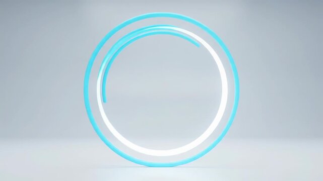 A brilliant, clean light blue vector line draws a perfect circle, revealing a pristine white inner ring with fluid reflections on a pure white background. Ultra-modern, minimalist, abstract motion