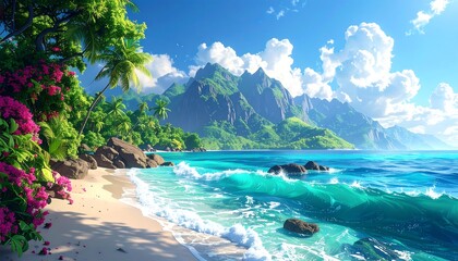 A serene tropical beach scene with turquoise waters, white sand, vibrant flowers, palm trees, and majestic mountains under a blue sky with fluffy clouds