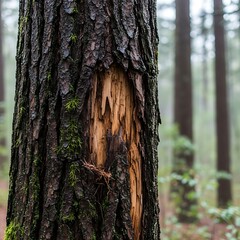 Close-up of a tree trunk with damaged bark in a forest setting.