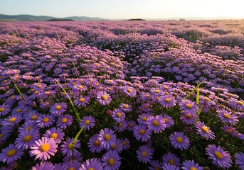 Field of Purple Daisies in Full Bloom at Sunset.