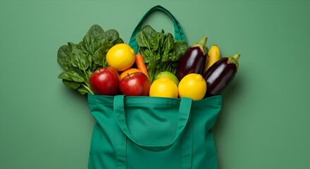 Green reusable shopping bag brimming with a colorful assortment of fresh fruits and vegetables against a solid green background