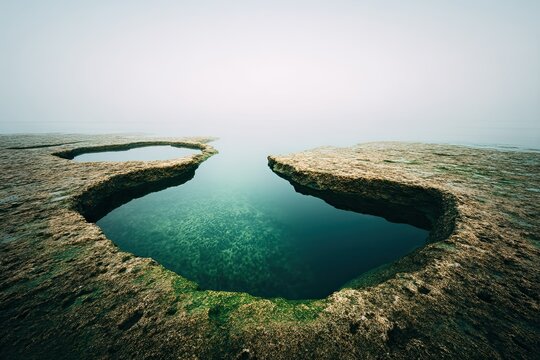 Rocky shore with tide pools under heavy fog, serene - Powered by Adobe