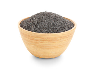 Wooden bowl with poppy seeds on white background