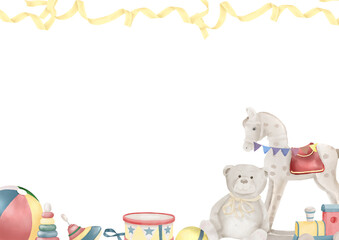 Funny children's card with a rocking horse and teddy bear. Watercolor digital illustration. Toy train, pyramid and drum, children's toys isolated on white background. Children's party theme, birthday