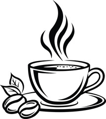 Steaming cup of coffee with beans illustration for cafe logo