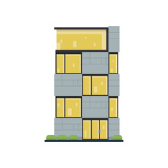 Modern Gray Building With Yellow Windows and Green Bushes In Front Against White Background