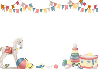 Fototapeta premium A cheerful children's postcard with a horse rocking and flags. Watercolor Dijital Illustration. Yula, pyramid and drum, children's toys are isolated on white background. Children's holidays, birthday