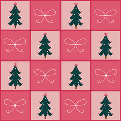 Seamless geometric pattern with Christmas trees and bows on a pink background. Design for greeting cards, packaging, winter textile prints, wrapping paper, holiday invitations.