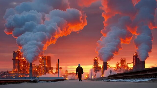 Environmental Quandary: A solitary figure walks toward an industrial plant spewing pollutants into the fiery sky.