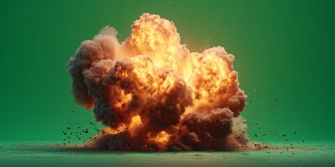 A realistic fiery explosion with flying debris and thick smoke, captured in slow motion, cinematic lighting, isolated on green background.