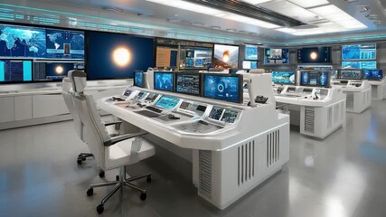 Control Center Technology: A modern and technologically advanced control center, filled with multiple computer screens, desks, and equipment. Highlighting technological efficiency, surveillance. - Powered by Adobe